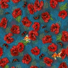 Tissu coton popeline bleu canard coquelicot "Lisboa" d'Odile Bailloeul