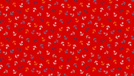 Tissu ancre marine sur fond rouge par 10cm