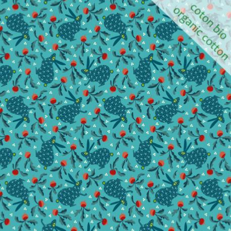 Tissu coton bio - Odile Bailloeul - lapin bleu par 10 cm