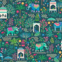 Tissu Jaipur de Makower UK - scène éléphant turquoise