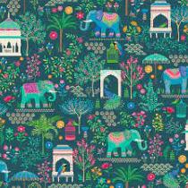 Tissu Jaipur de Makower UK - scène éléphant turquoise